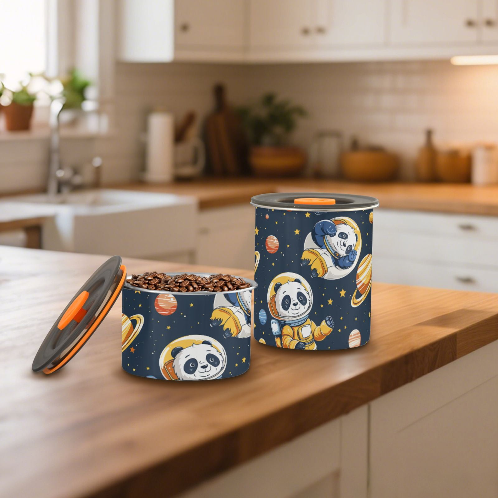 Astronaut Panda Planet Stars Airtight Coffee Bean Canister 30oz Food Storage Containers with Lids For Gournd, Tea, Sugar, Flour, Rice, Cereal, Candy Cookie Jar