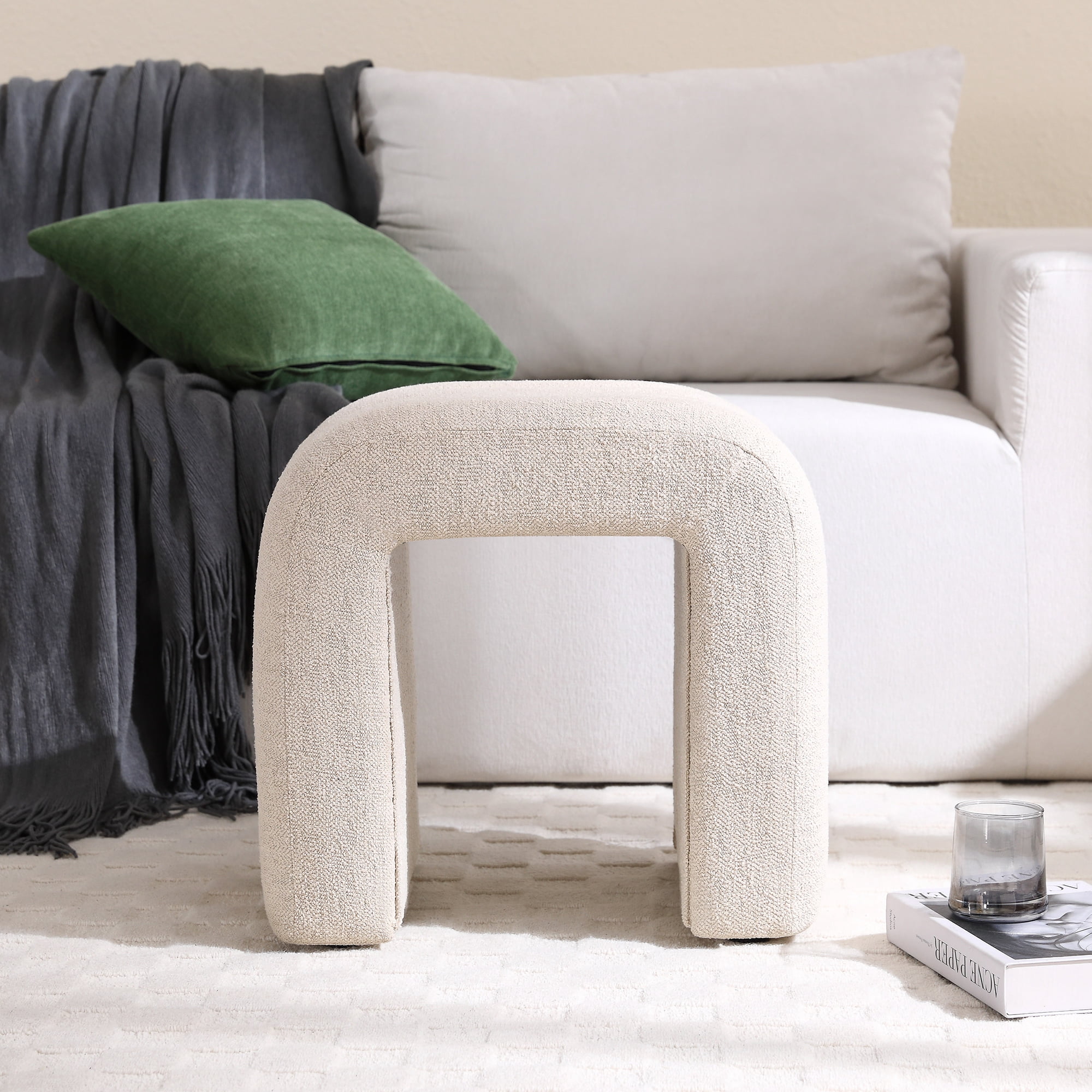 Zesthouse Multi-Functional Ottoman Stool, Tufted Linen Foot Stools Ottoman for Couch, Modern Vanity Stool for Living Room, Bedroom and Entryway, Beige