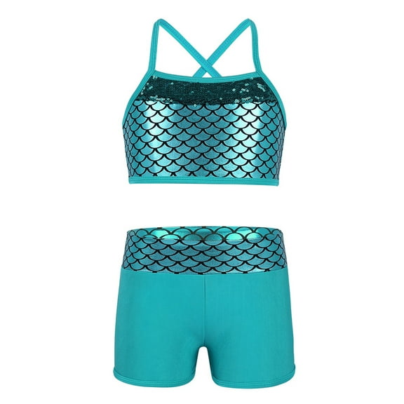 CHICTRY Girls 2pcs Dance Outfit Sequins Mermaid Scales Printed Gym Athletic Set Lake Blue 8