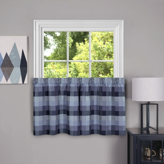 PowerSellerUSA Farmhouse Curtains Rod Pocket Plaid Tier Pair & Valance , Kitchen Decor Buffalo Plaid Curtains, Classic Country Plaid Gingham Checkered Design, 57" W x 24" L Complete Set, Blue