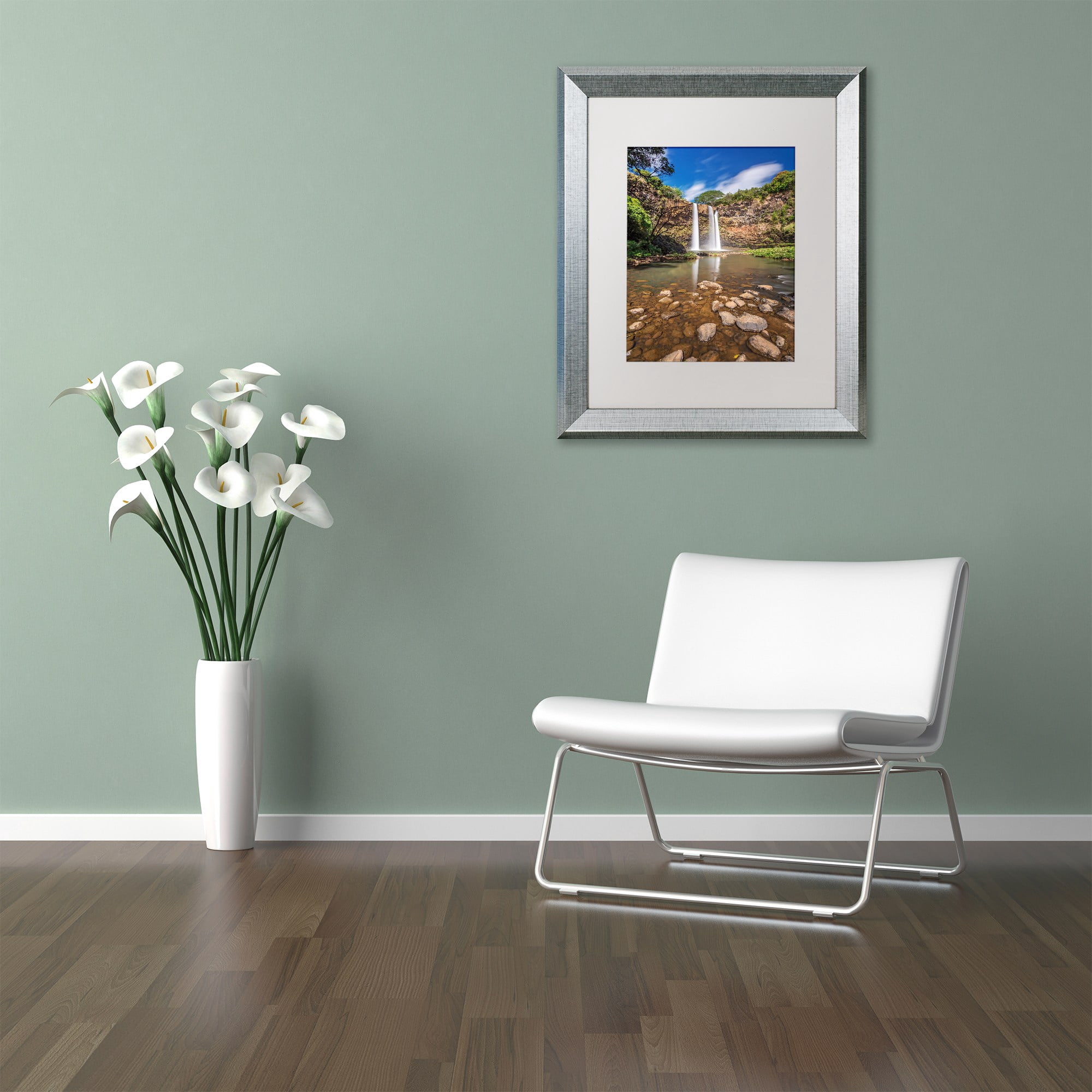 Trademark Fine Art 'Wailua Falls' Canvas Art by Pierre Leclerc, White Matte, Silver Frame