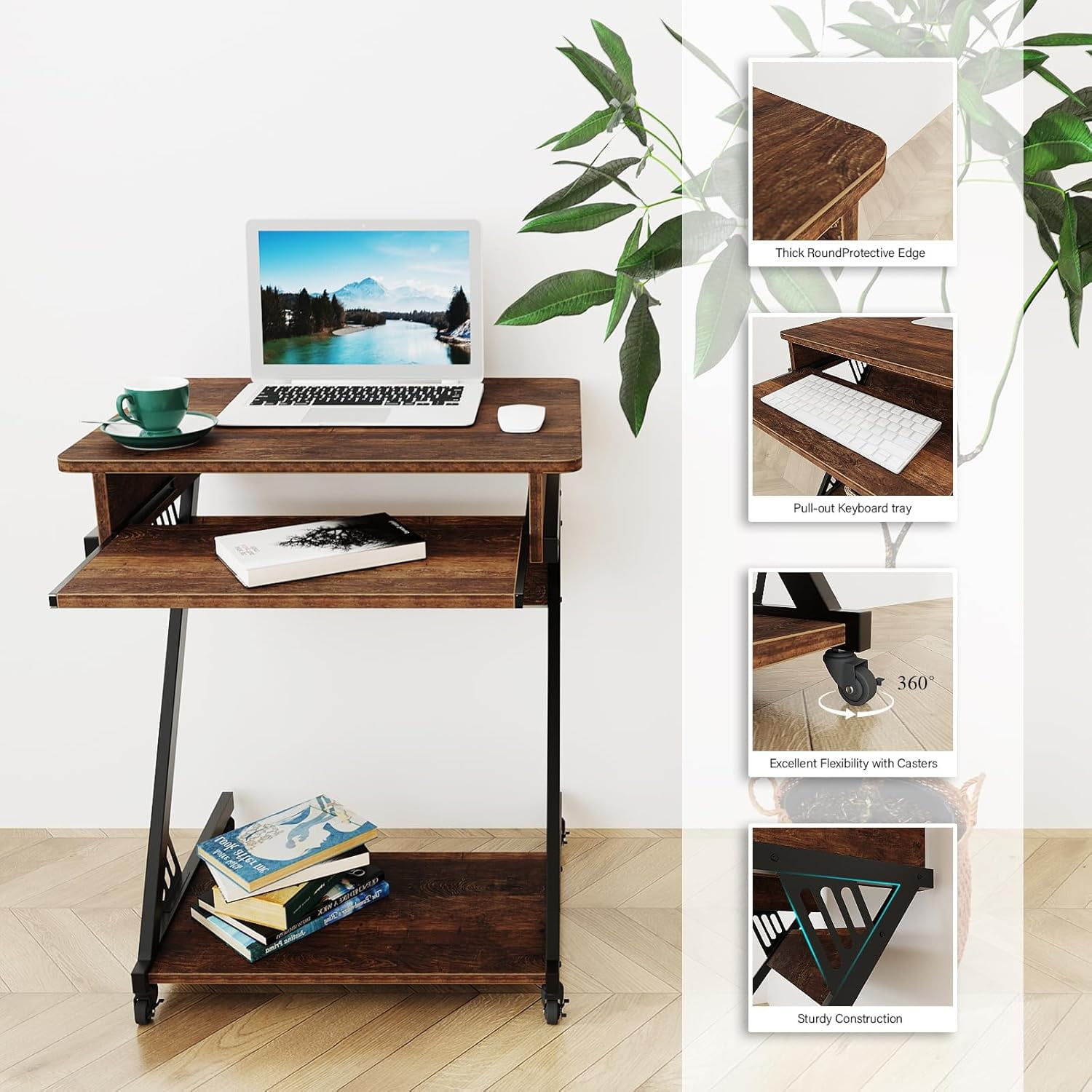 ALISENED 23.6 inch Z-Shaped Mobile Computer Desk with Smooth Keyboard Tray, with Wheels and Bottom Shelves