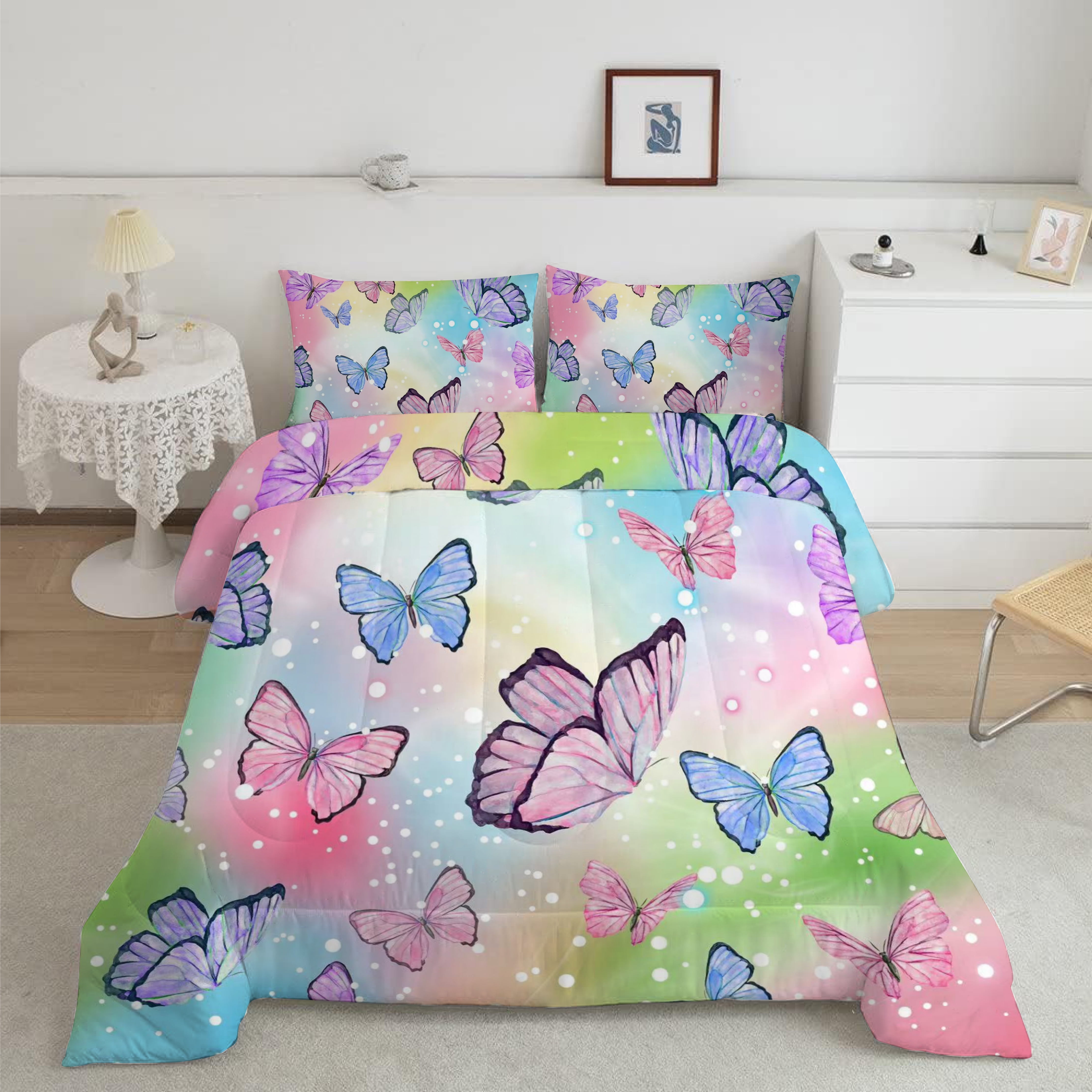 Psoiuetr Butterfly Comforter Set Rainbow Watercolor Printed Pattern Quilt Bedding Set for Girls Kids Teens Bedroom All Season Twin 3 Pieces
