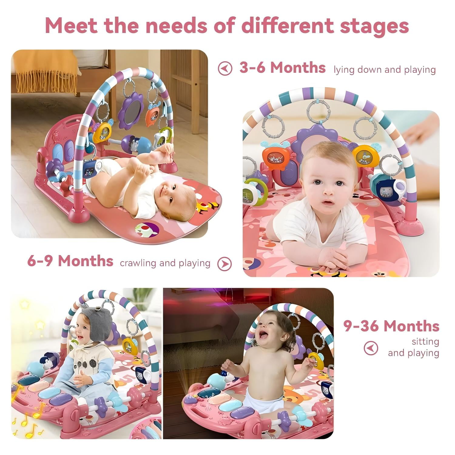Babyeap Baby Gym Play Mat 3 in 1 Fitness Rack with Music and Lights Fun Piano Baby Activity Center,Pink