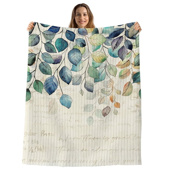 Blue Teal Botanical Throw Blanket, Flannel Fleece Blanket with Striped Design for Couch, Weeping Fall Eucalyptus Leaves Rustic Soft Breathable All Season Plush Blankets for Loveseat Sofa Bed 60"x80"