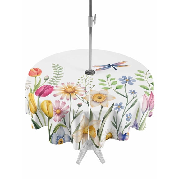 Outdoor Tablecloths with Umbrella Hole & Zipper, Wildflowers Round Tablecloth 54 Inch, Spring Country Tulip Butterfly Floral Leaf Waterproof Table Cloth, Patio/Pool/Picnic Table Covers