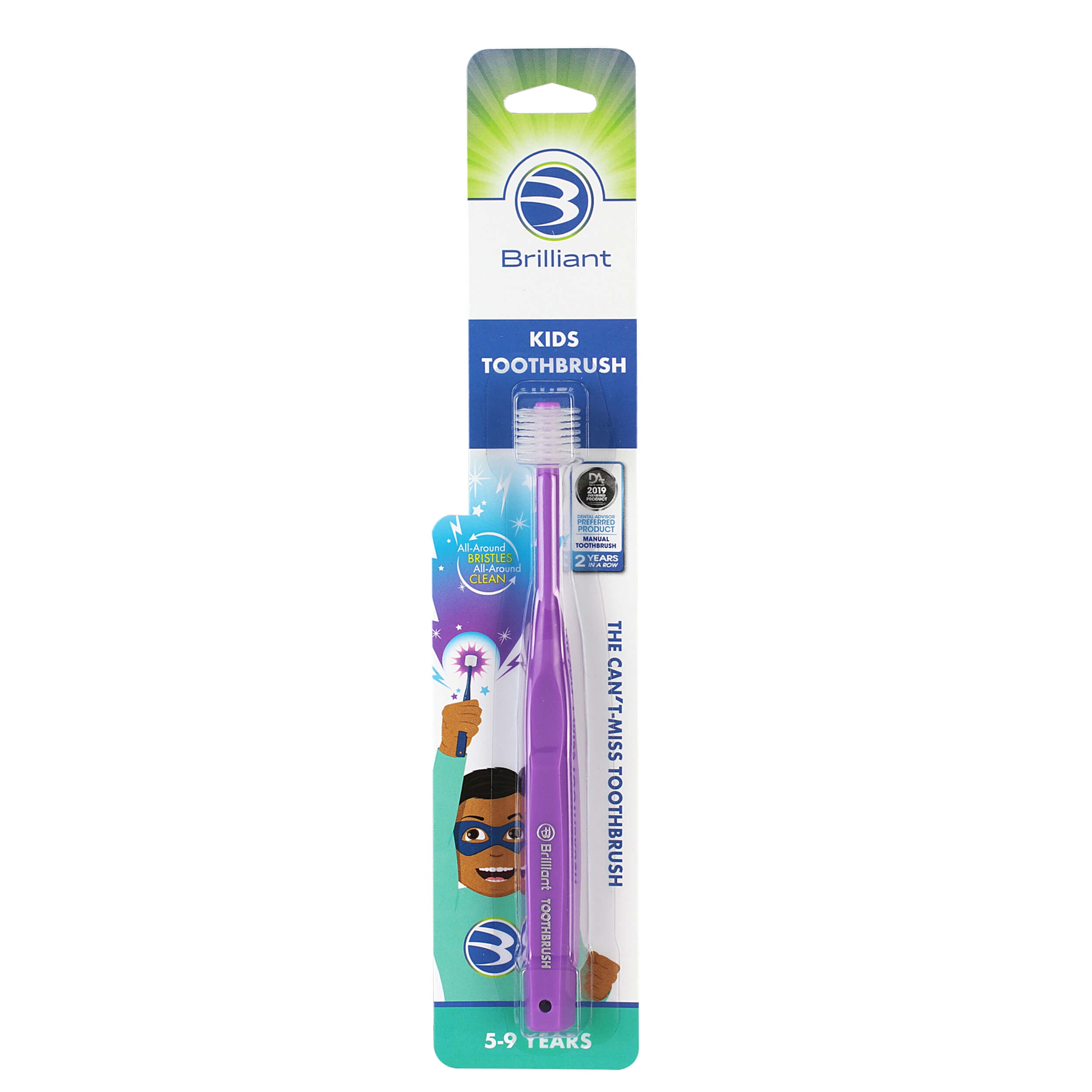 Brilliant Kids Toothbrush for Ages 5-9 Years, Round Head, Microfiber Bristles Clean All-Around Mouth, Purple, 1 Pack