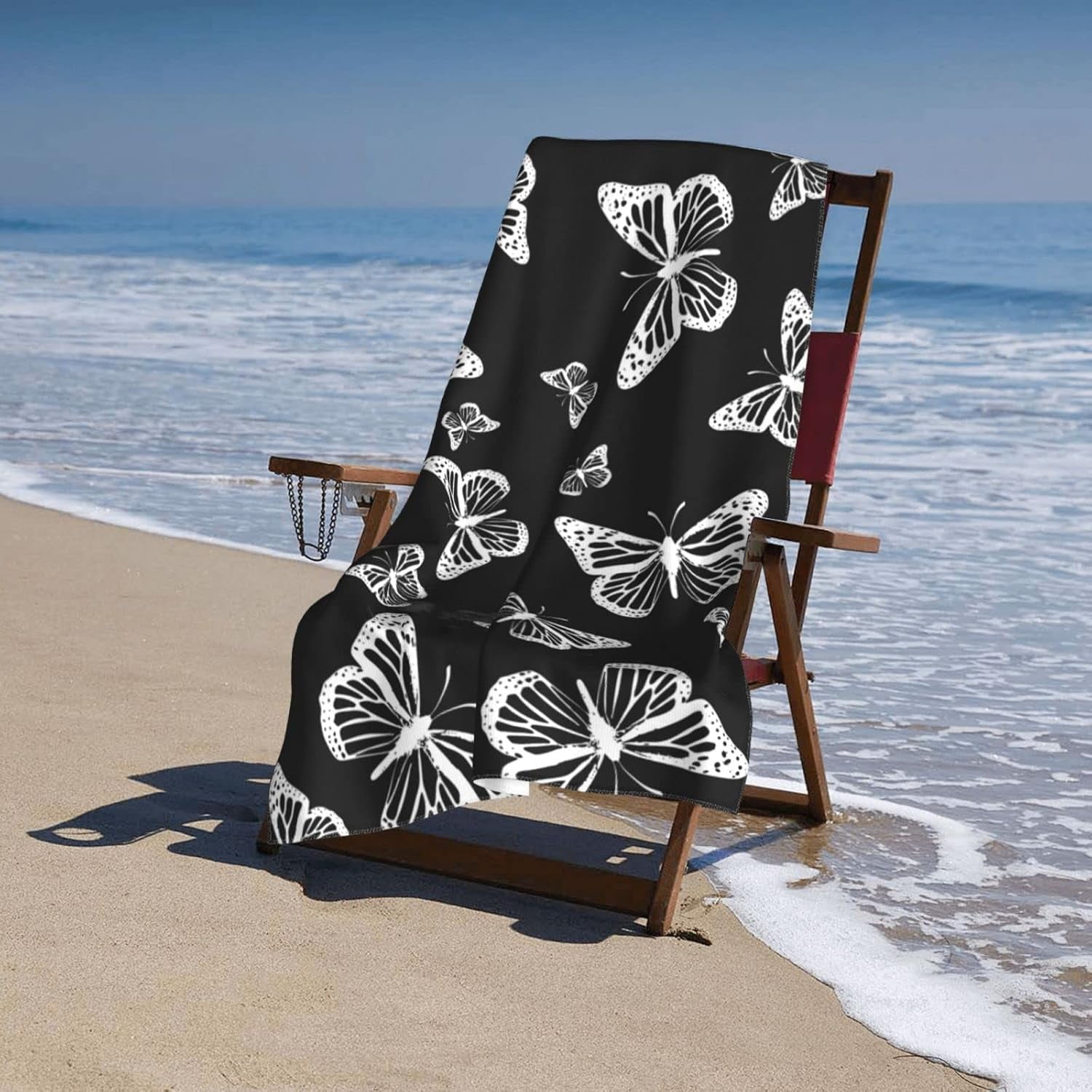 Pretty Black and White Butterflies Pattern Beach Towels Oversized Soft High Absorbent Quick Dry Bath Towels Pool Towels Travel Beach Towels for Kids Adults
