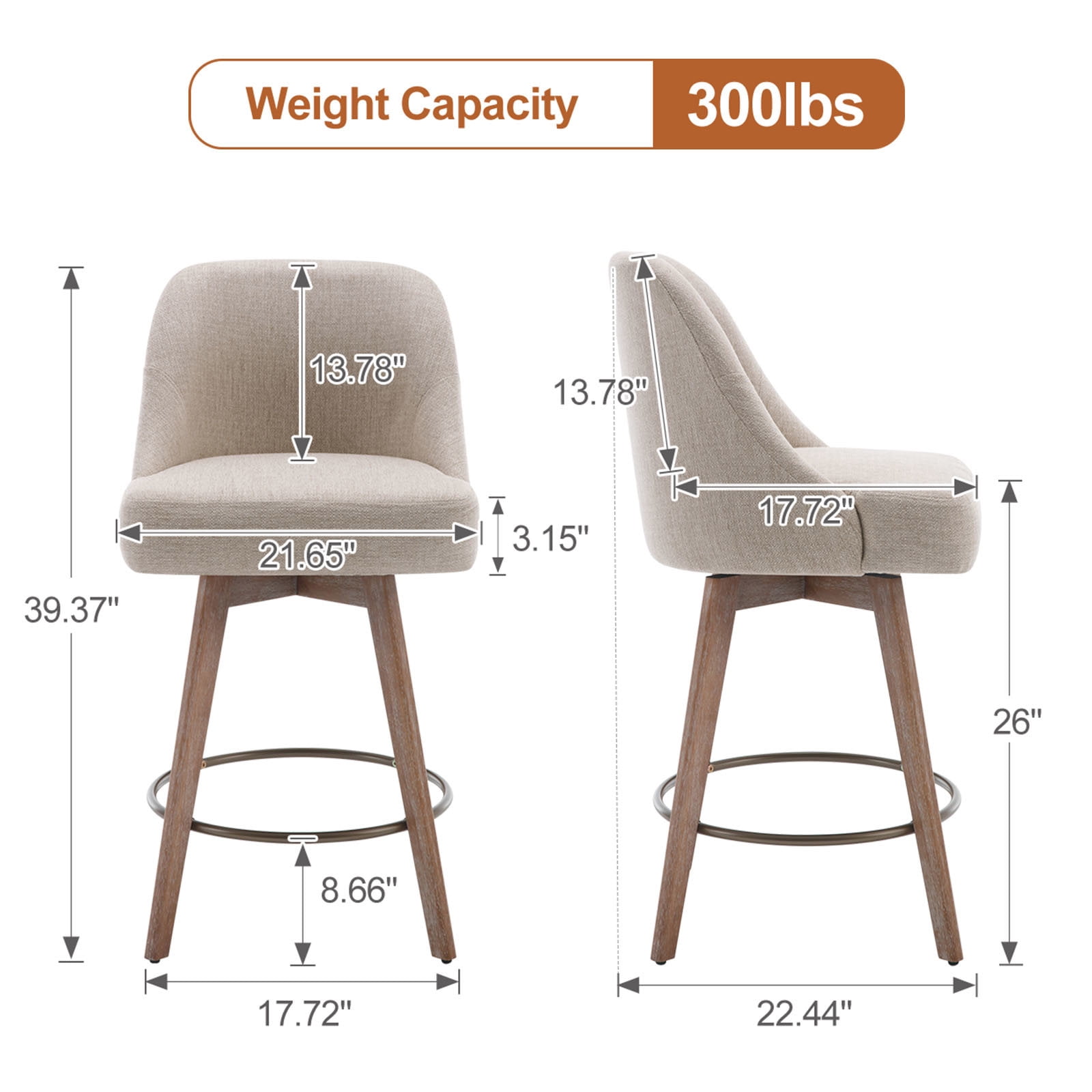 WOOW DEPOT 26" Swivel Bar Stools Large Seat Set of 2, Upholstered Linen Fabric w/ Mid-Back Wood Legs, Modern Armless Island Counter Barstools Kitchen Pub Chair, Sand