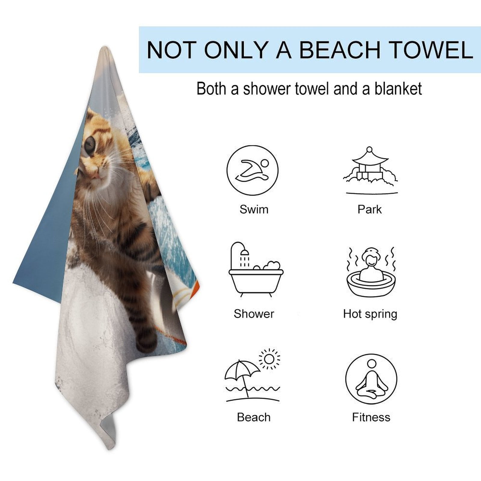 Surfing Cat Microfiber Beach Towel Lightweight 63''x32'' Oversized Extra Large Towels Quick Dry for Travel Pool Yoga Gym Sports Accessories Vacation Essential