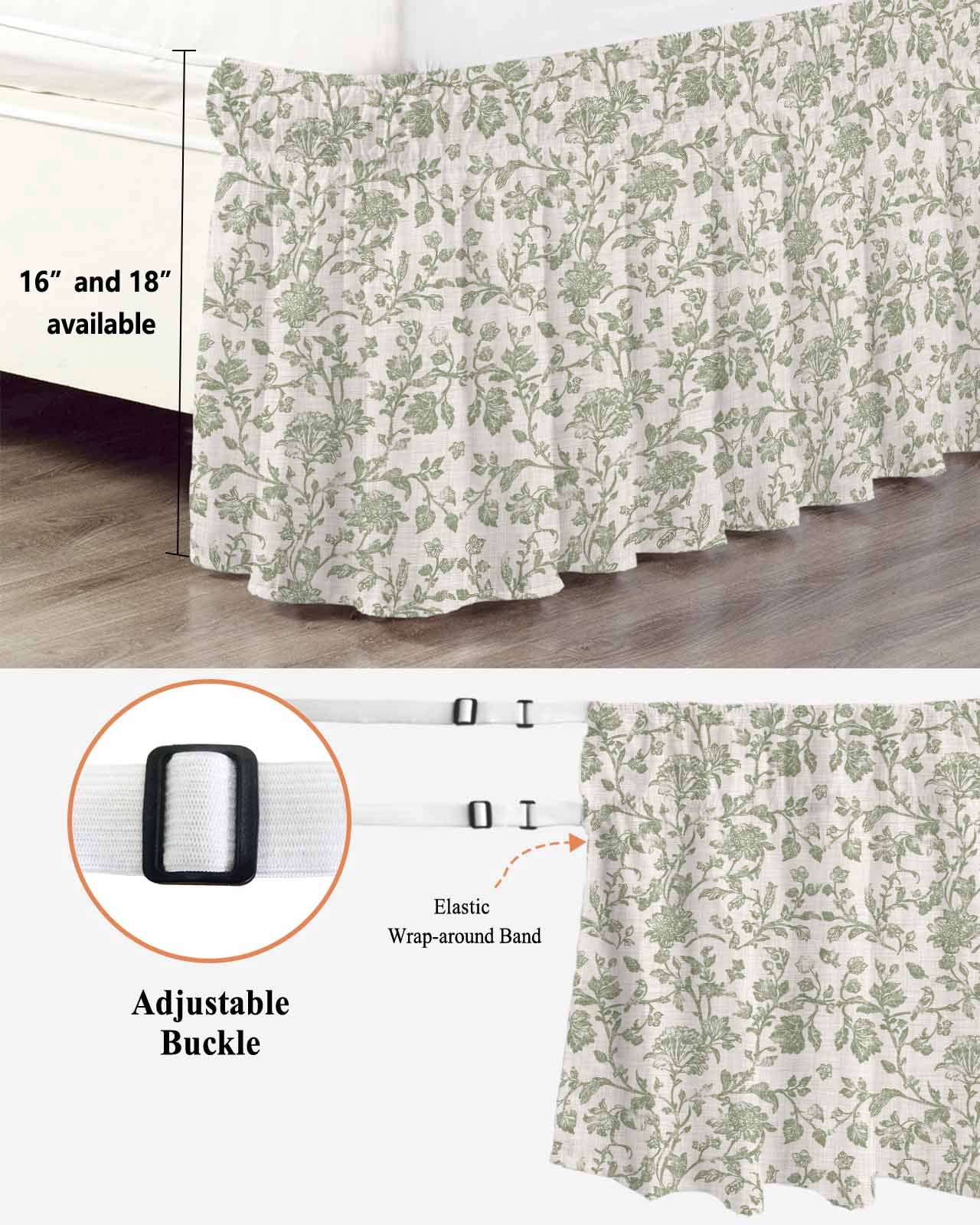 Farmhouse Sage Green Bed Skirt Queen Size, Vintage Flower Leaf Botanical Wrap Around Bed Skirting with Adjustable Elastic Strap, Dust Ruffle Pleated Bedskirts 16 Inch Drop for Bedroom Queen Beds