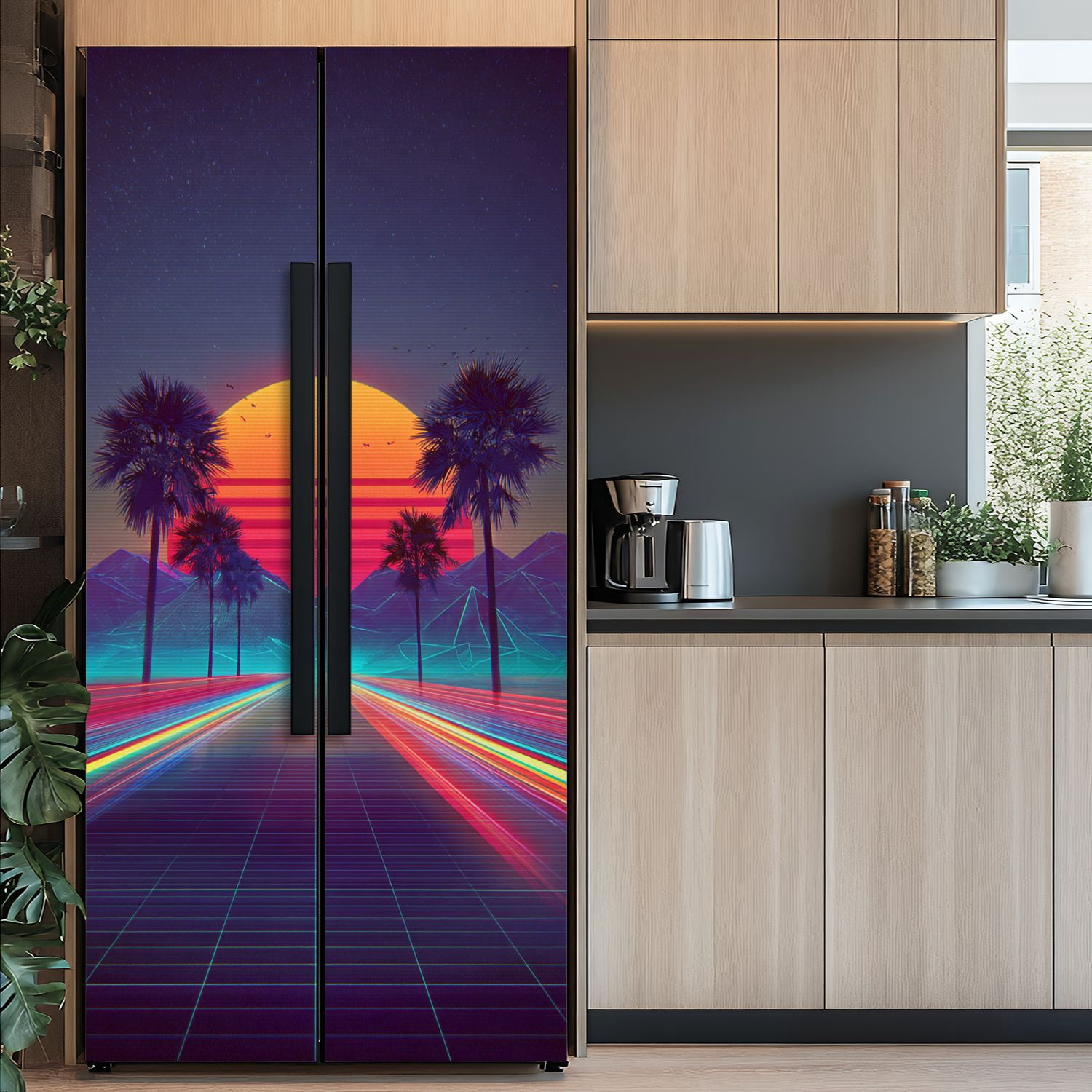 Self Adhesive Vinyl Refrigerator Wrap Set Inspired by 80s Scene wave retrowave music Door Mural Removable Fridge Sticker Peel and Stick&nbsp;Full Door Cover Decal Kitchen Bar Decor