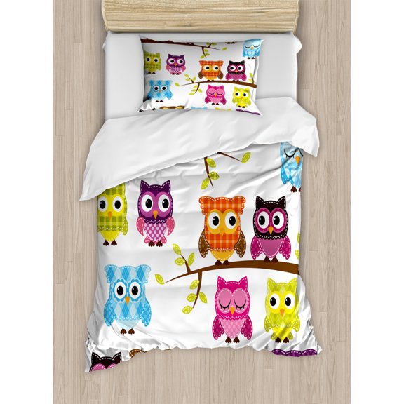 Nursery Duvet Cover Set Twin Size, Patchwork Quilt Style Owls on Branches Animals with Green Leaves Bird Mascots Print, Decorative 2 Piece Bedding Set with 1 Pillow Sham, Multicolor, by Ambesonne