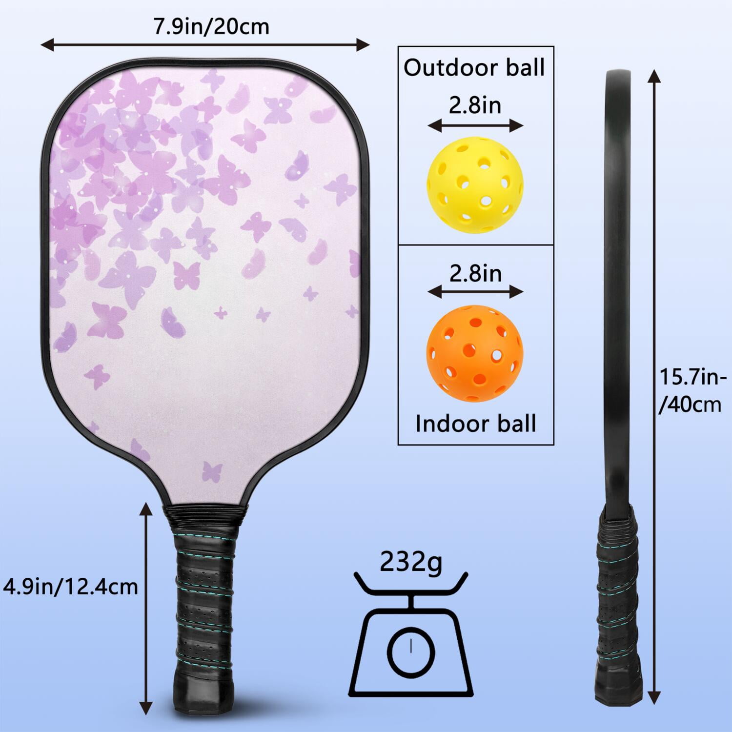 Pickleball Paddles Set Of 2, Fiberglass Surface, Vintage Floral & Butterfly, 4 Balls & Bag