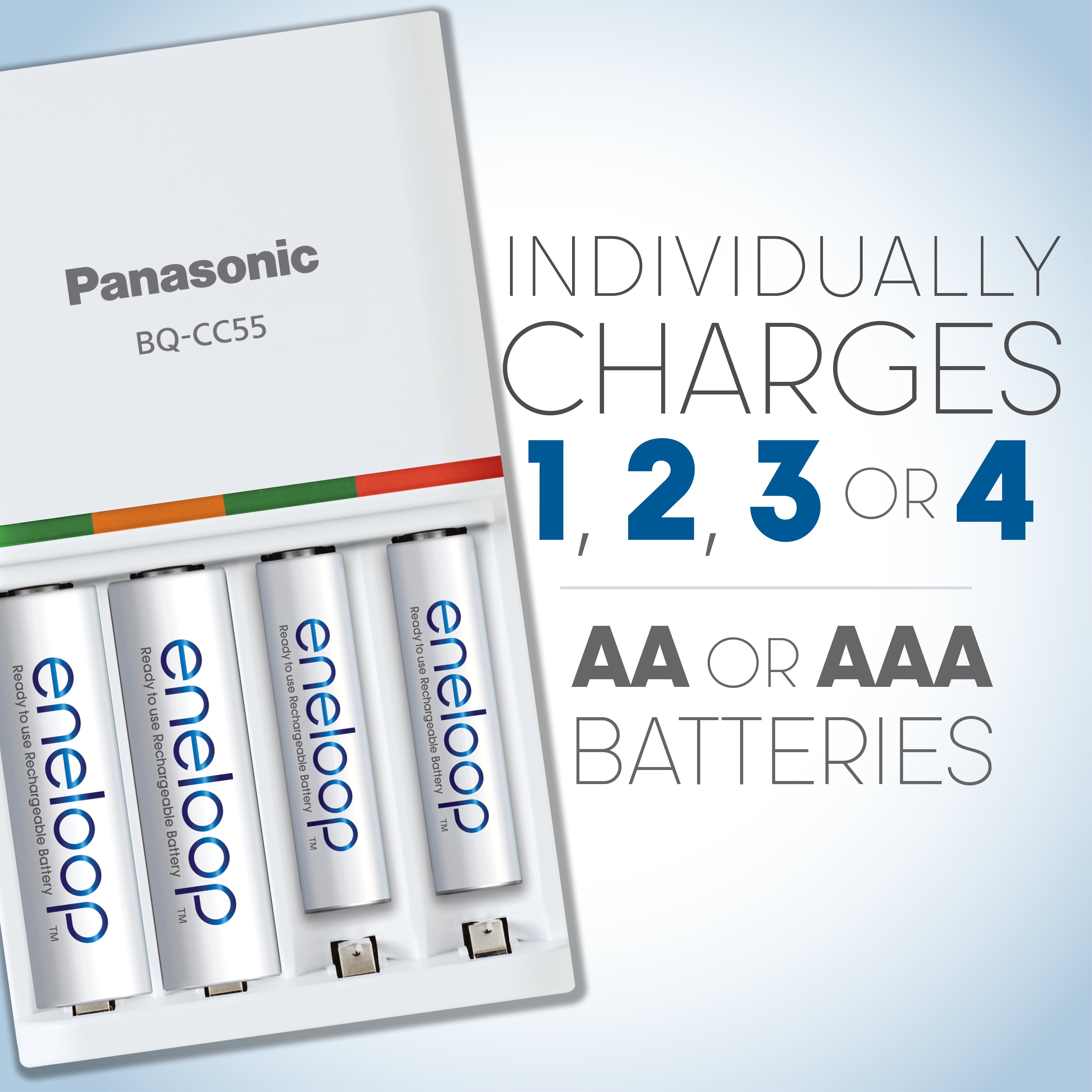 Panasonic K-KJ87M3A4BA Individual Battery Charger with Portable Charging  Technology and 4AAA Eneloop Rechargeable Batteries, White 