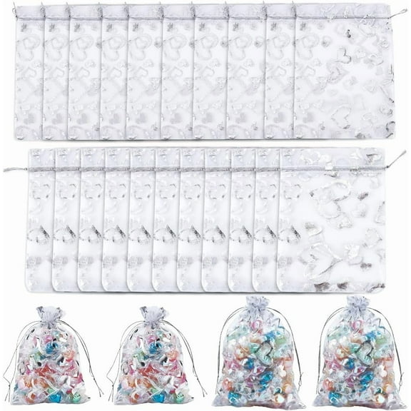 80pcs 2 styles Heart Printed Organza Bags Jewelry Gift Mesh Pouches for Wedding Party Christmas Candy Bags Wedding Favor Bags Favour bag Gift Bags Rectangle WhiteSmoke 14~18x10~13cm 20pcs/style