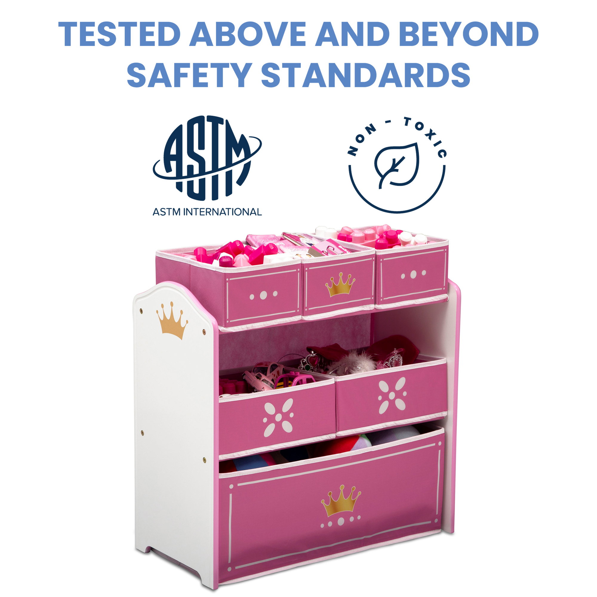 Delta Children Princess Crown 6 Bin Storage Toy Organizer, Greenguard Gold Certified, Solid Wood & Fabric, White/Pink - image 4 of 7
