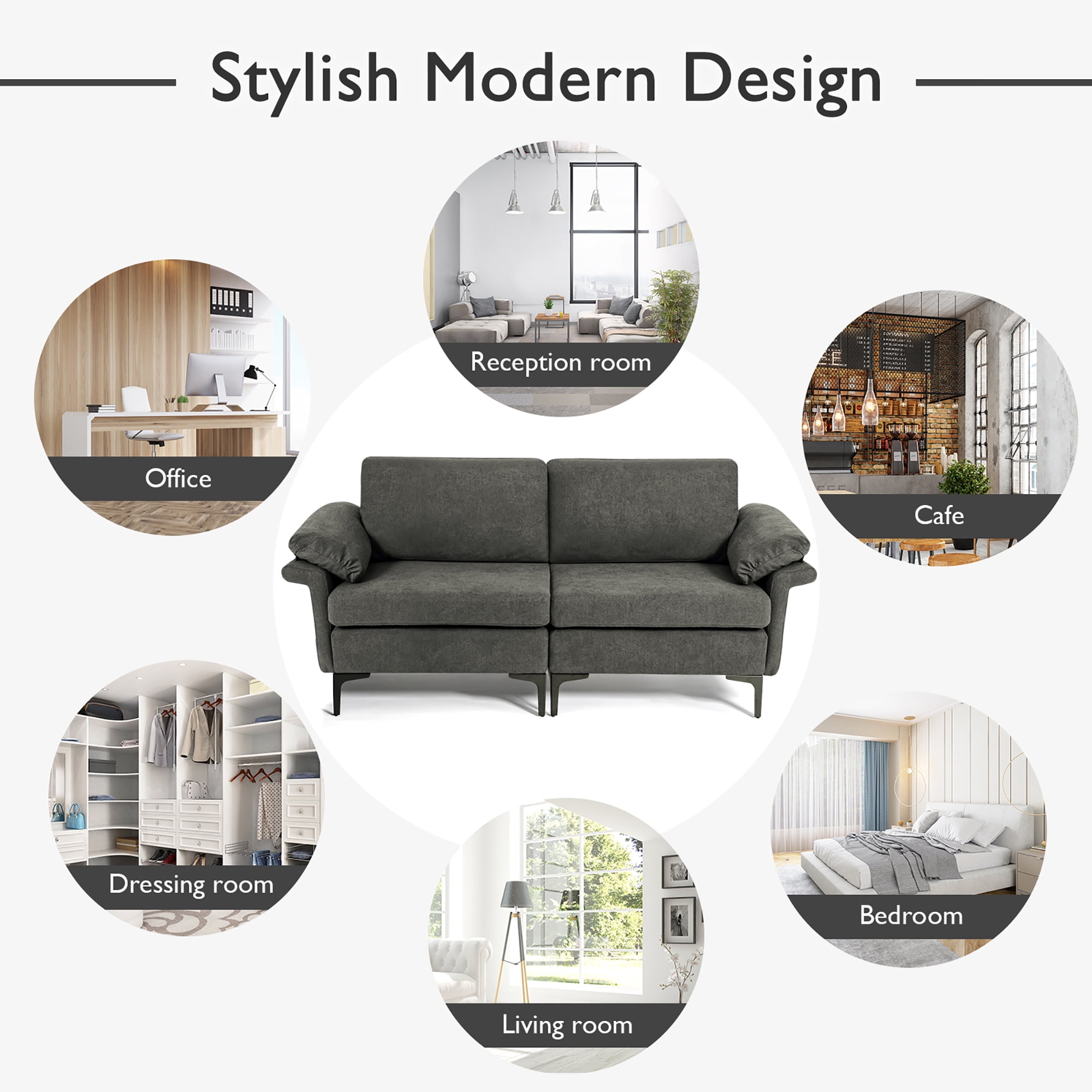Costway Modern Loveseat Fabric 2-Seat Sofa Couch for Small Space with Metal Legs Grey