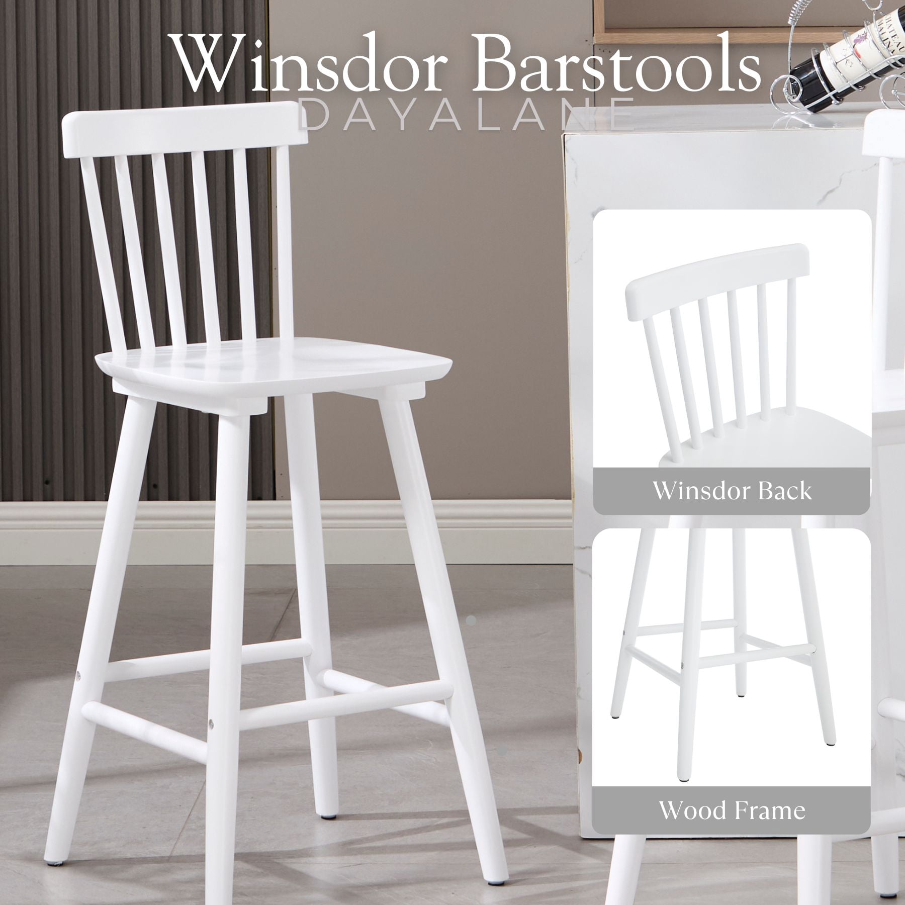 Dayalane Windsor Bar Stools Set of 4, 26" Farmhouse Wooden Counter Height Barstools with Spindle Back & Footrest, Armless Kitchen Island Stools for Bistro, Pub, Breakfast Bar,White