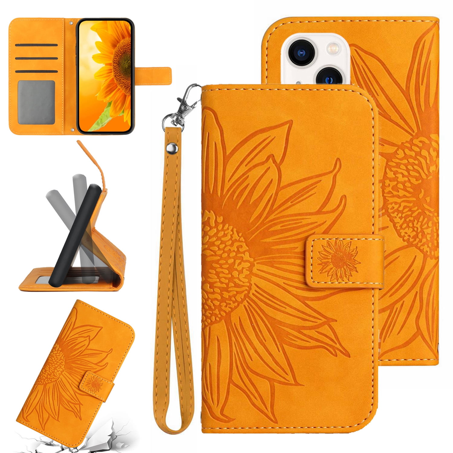 Feishell Slim Wallet Case For Iphone For Men Women Sunflower Embossed Pattern Pu Leather Flip