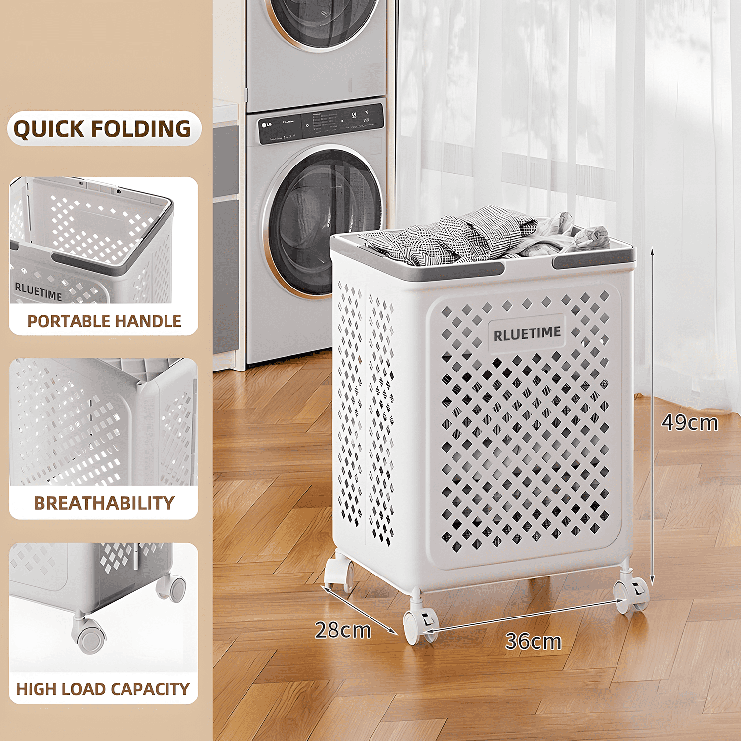 RLUETIME Collapsible Laundry Basket,Large Clothes Hamper with Wheels, Rolling Laundry Cart for Laundry Room Organization