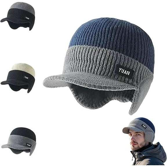 Winter Knitted Earflap Hat, Winter Knitted Beanie with Brim and Ear Flaps, Knit Lined Earflap Hat for Cold Weather(Blue)