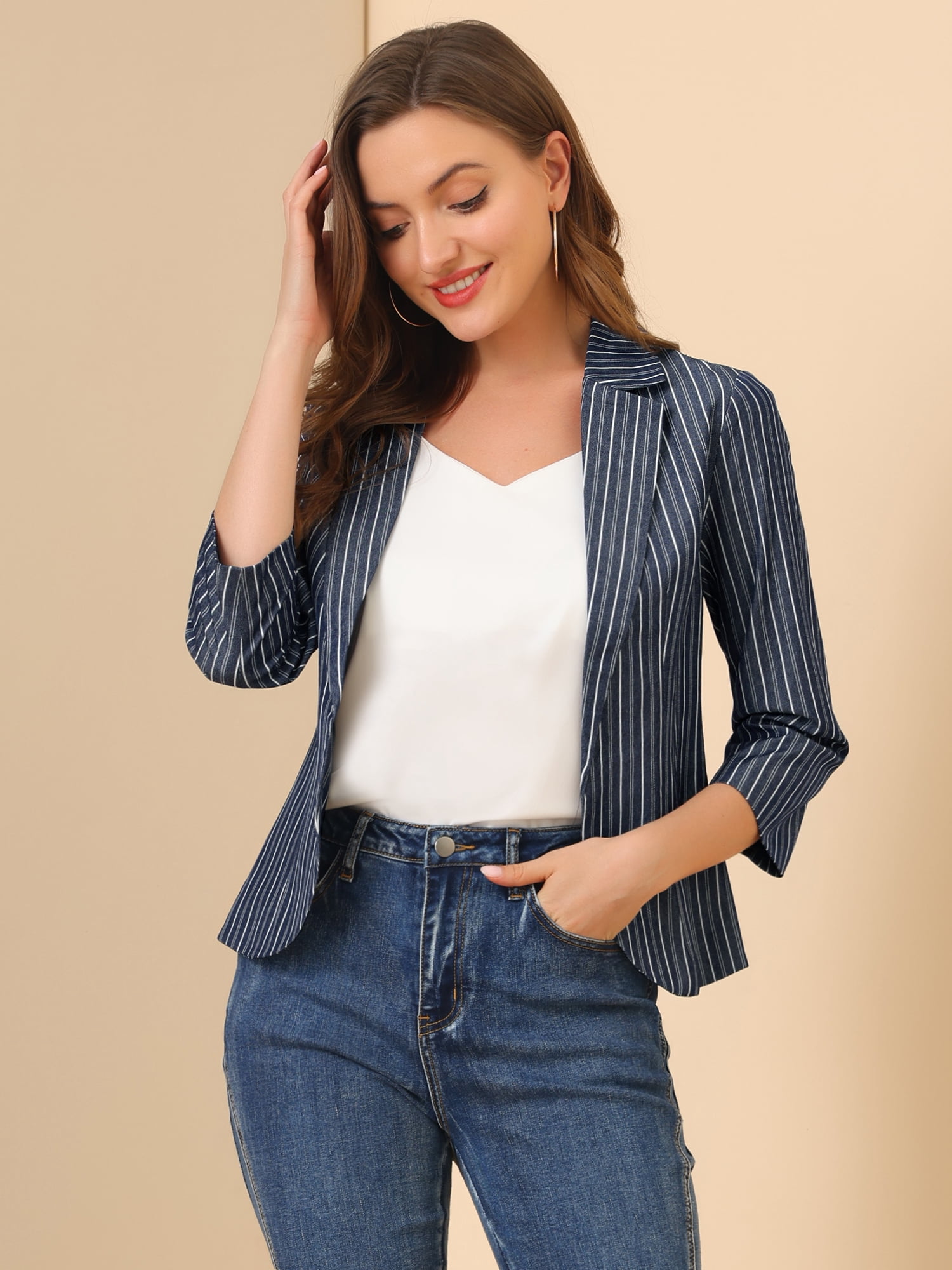 DARING DIVA Women's Striped Open Front Notched Lapel Blazer XS Dark Blue