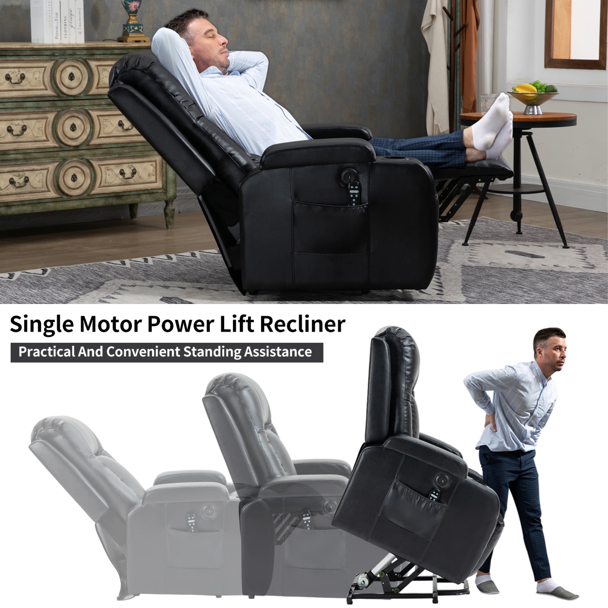 Power Lift Recliner Chair for Elderly,Heavy Duty Infinite Position Recliner Chair with 8-Point Vibration Massage and Lumbar Heating,USB Charging Port, Cup Holders,Black