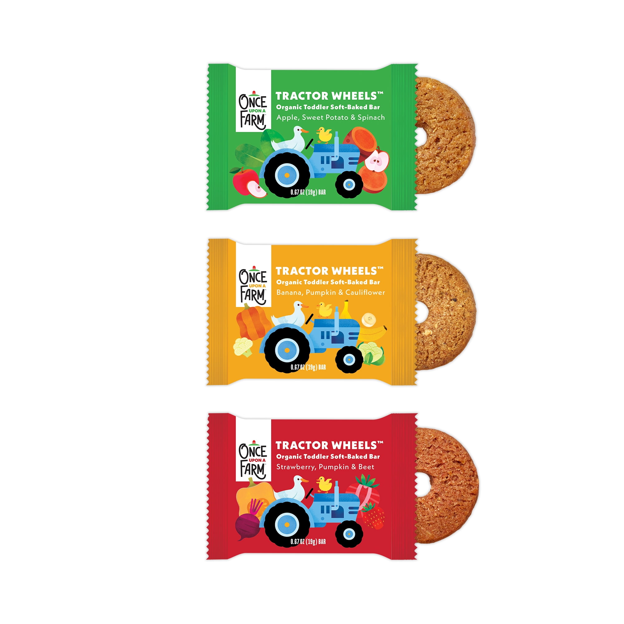 Once Upon a Farm Organic Soft-Baked Bars Tractor Wheels Variety Pack, Apple Strawberry Banana, 30 Count