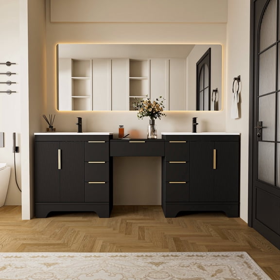 Eclife 84'' Bathroom Vanity with Double Integrated Sink, Wall-Mounted Makeup Table, Soft-Close Doors