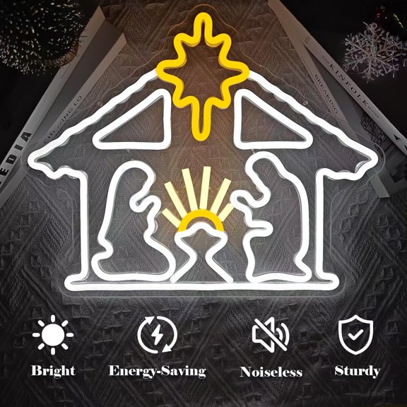 YUYAN-Christmas Neon Sign Lighted Nativity Scene Christmas Led Sign Light Up Nativit Scene Indoor Jesus Lights Nativity Window Lights Led christmas Window Decorations