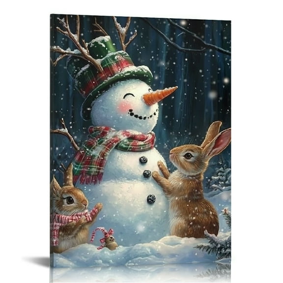 FCXZI Snowman Rabbits Winter Art Canvas Prints Home Decor 12x16in