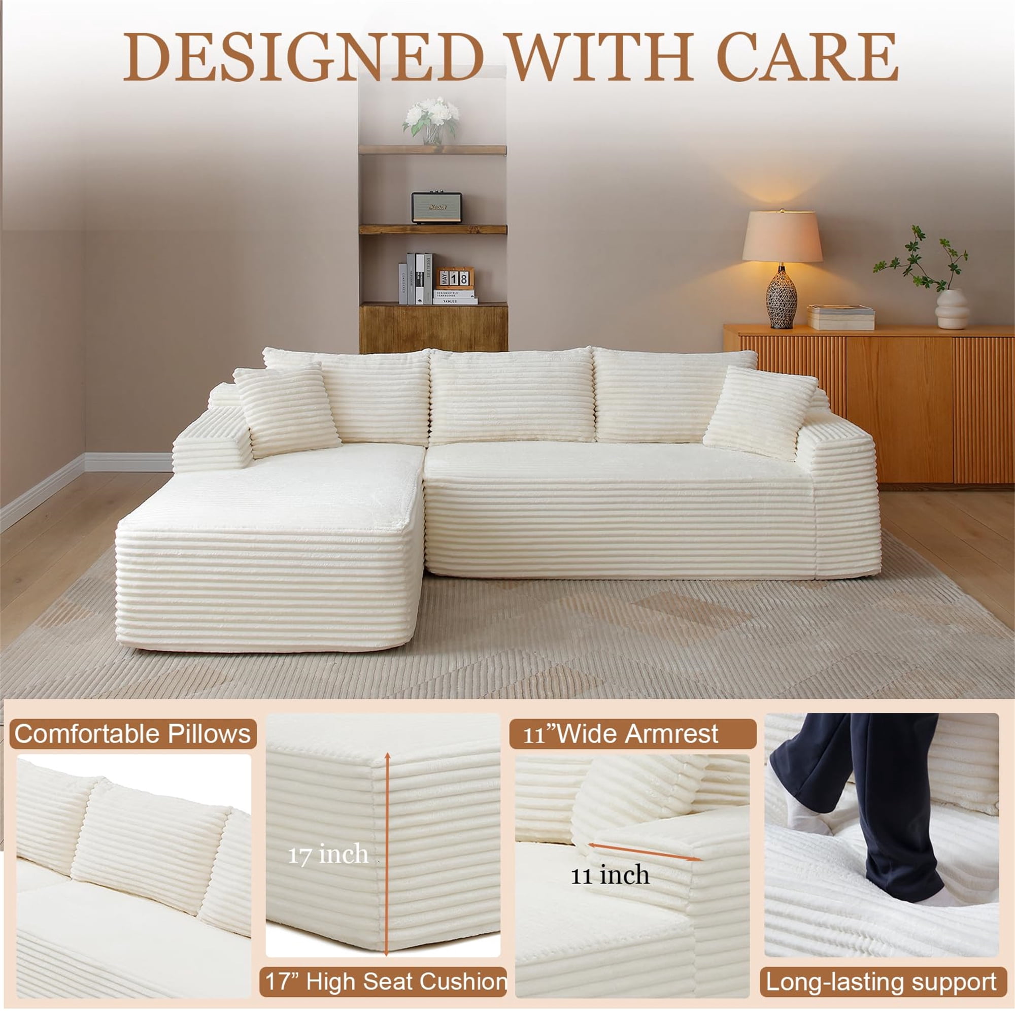 Aukfa 105" Cloud Sectional Sofa Boneless Couch Modular Sofa Bed for Living Room, 2Pillows, Left Chiase, Corduroy, Beige