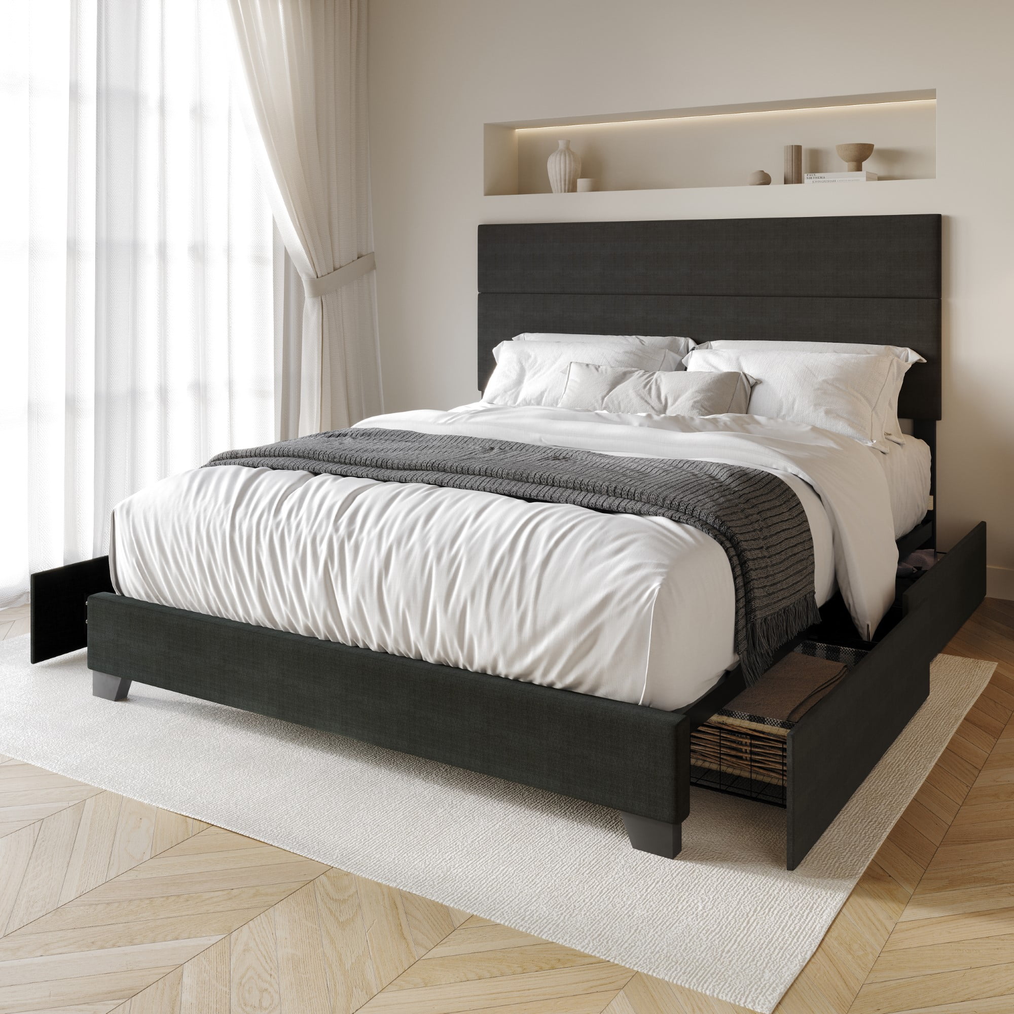 Home Design Kapaa King Upholstered Storage Platform Bed Frame with Horizontal Channel-Tufting and Side Drawers, Charcoal Gray, Easy Assembly