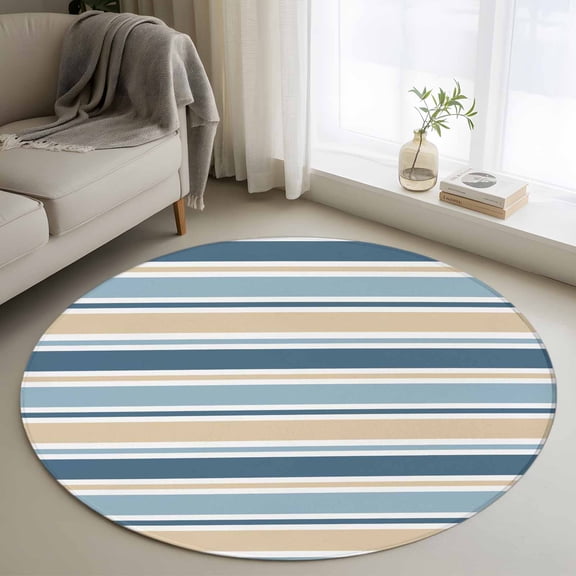 Khaki Blue Striped Round Area Rug 4Ft Washable Circle Rugs for Bedroom Dining Room, Farmhouse Stripes Modern Abstract Art Non-Slip Carpet Floor Mats Indoor Outdoor Carpet Runner Aesthetic Home Decor