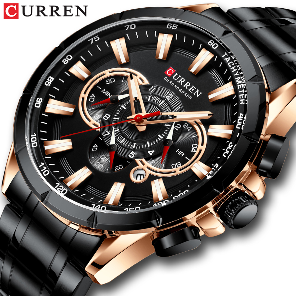 CURREN 8363 Watch for Male Men Quartz Man Wristwatch Watches with Stainless Steel Strap Band Three Sub-Dials Second Minute Microsecond Chronograph Date Calendar Indicator Waterproof Luminous Hands Wea - image 4 of 7