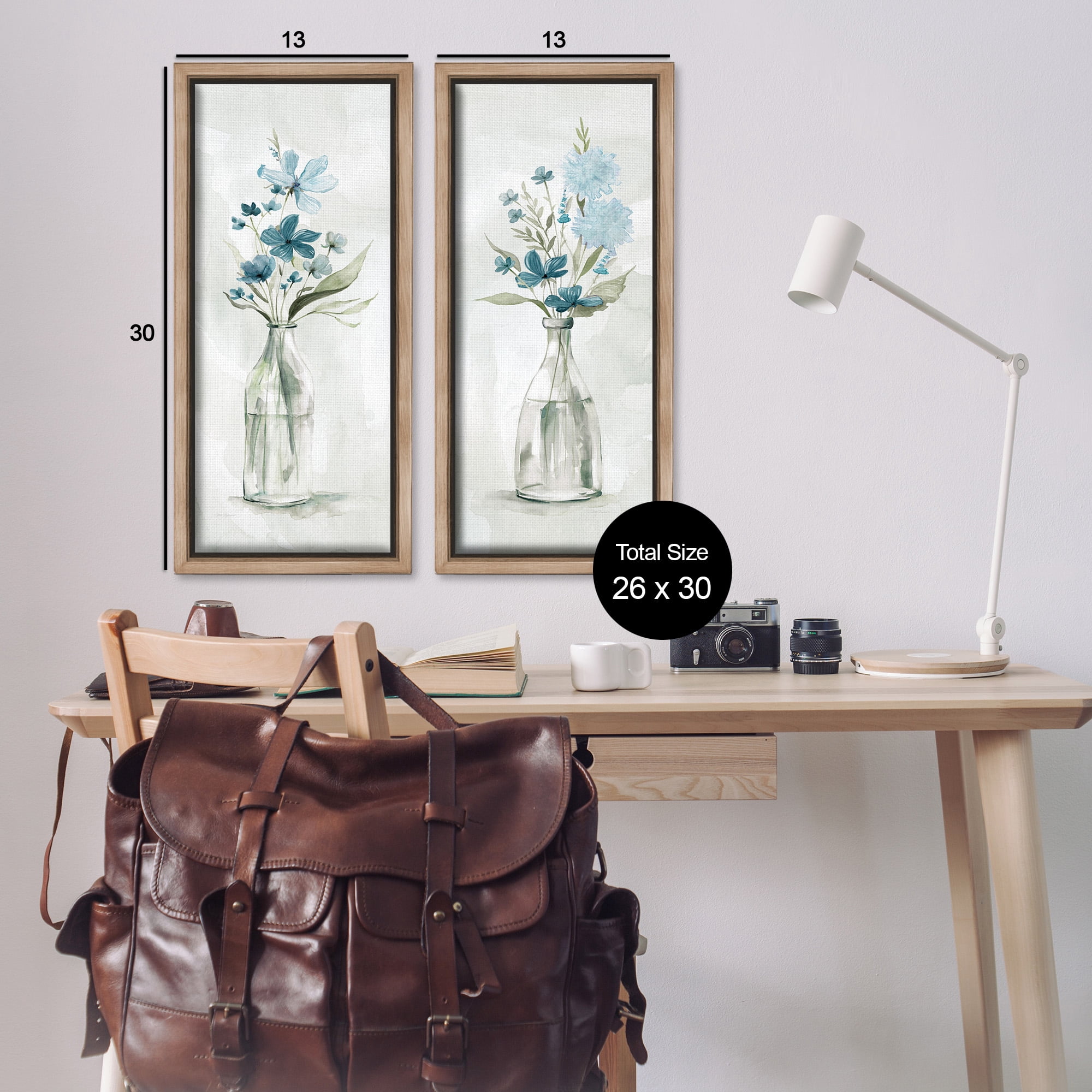 Stupell Industries Elegant Indigo Lilac Flower Jars Botanical & Floral Painting Brown Floater Framed Canvas Art Print Wall Art, 15 x 31, Set of 2