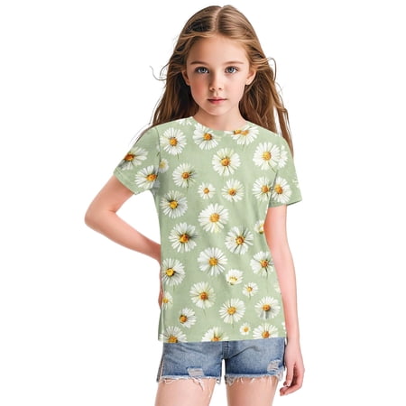 Abcomgle Girls Shirts 10-12 Crewneck Short Sleeve Daisy Print Tee Tops Girls Summer Casual Cotton Girls Shirts Cute Girls Blouse Light Green 9-10Years