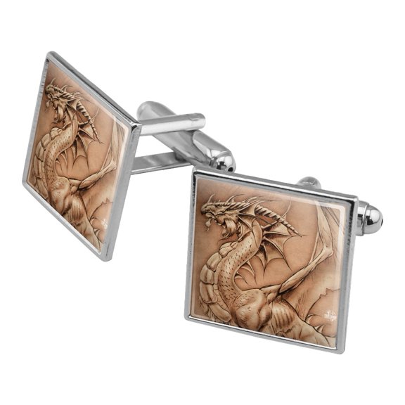 Dragon Parchment Fantasy Square Cufflink Set - Silver or Gold