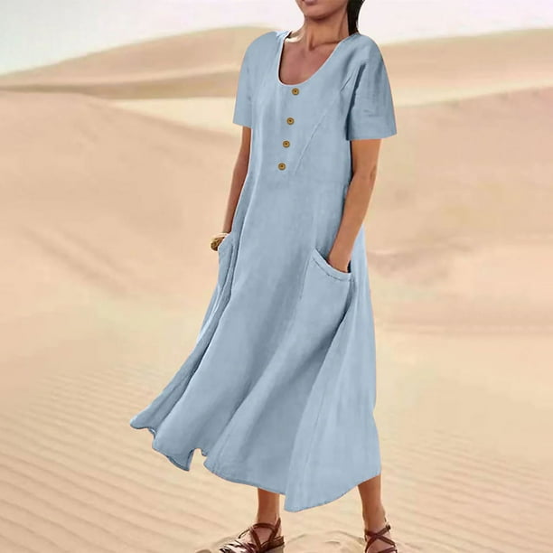 Puntoco Vestido De Mujer De Algodón Y Lino De Manga Corta Color Liso Azul Claro M,Regalos Para Mujer Joven
