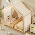 thumbnail image 4 of MODERNLUXE Twin Size Montessori Floor Bed with Canopy,House Bed Frame with High Railings and Roof,Wood Tent Bed for Teens Girls & Boys,Natural, 4 of 11