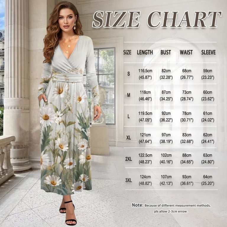 Fkelyi Retro Daisy Flower Print Long Sleeve Maxi Dress for Women V-Neck Soft Casual Dress Flowy A-Line Dresses with Side Pockets for Party Wedding,
