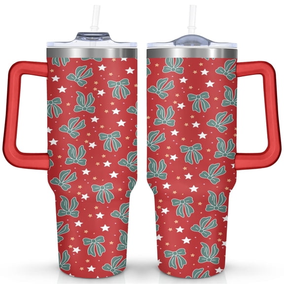 Red Christmas Bow Five-pointed Star 40 Oz Tumbler with Handle Lid and Straw Stainless Steel Double Walled Vacuum Insulated Cup Merry Christmas Gifts Tumbler for Women Men Friends Outdoor Indoor