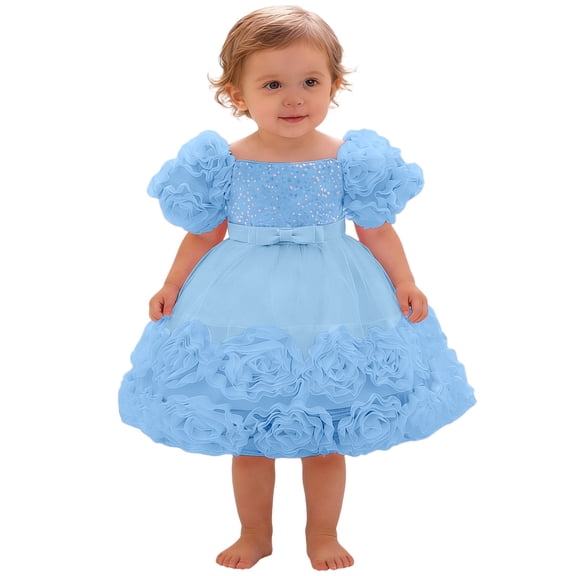 WhouRiu Dress for Girl Ruffle Sleeves 3D Flower Evening Gown Baby Formal Wedding Birthday Party Princess Dress Blue,Size 18-24 M