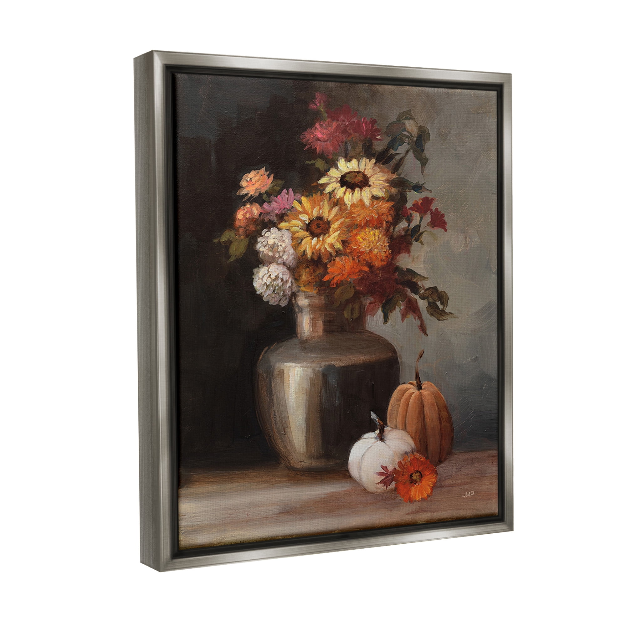 Stupell Industries Autumnal Still Life Botanical & Floral Painting Gray Floater Framed Canvas Art Print Wall Art, 17 x 21