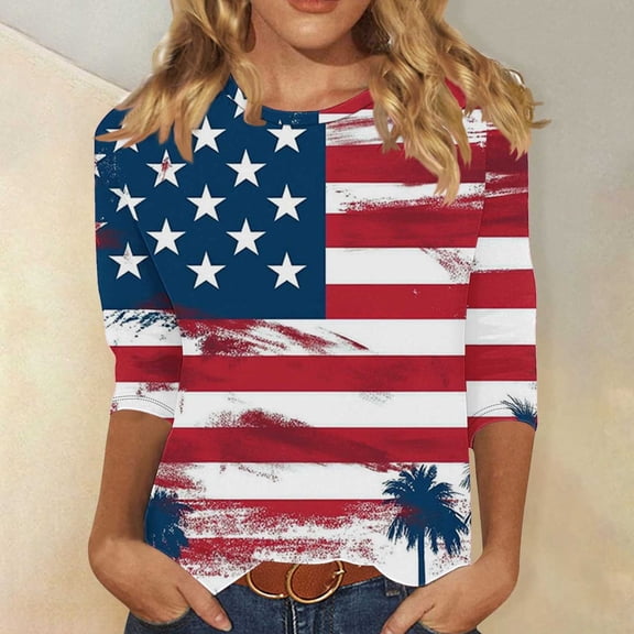 Lorytime 3/4 Length Sleeve Womens Tops Fourth of July Outfits Patriotic Graphic Outfits Lorytime Stars and Stripes Wear
