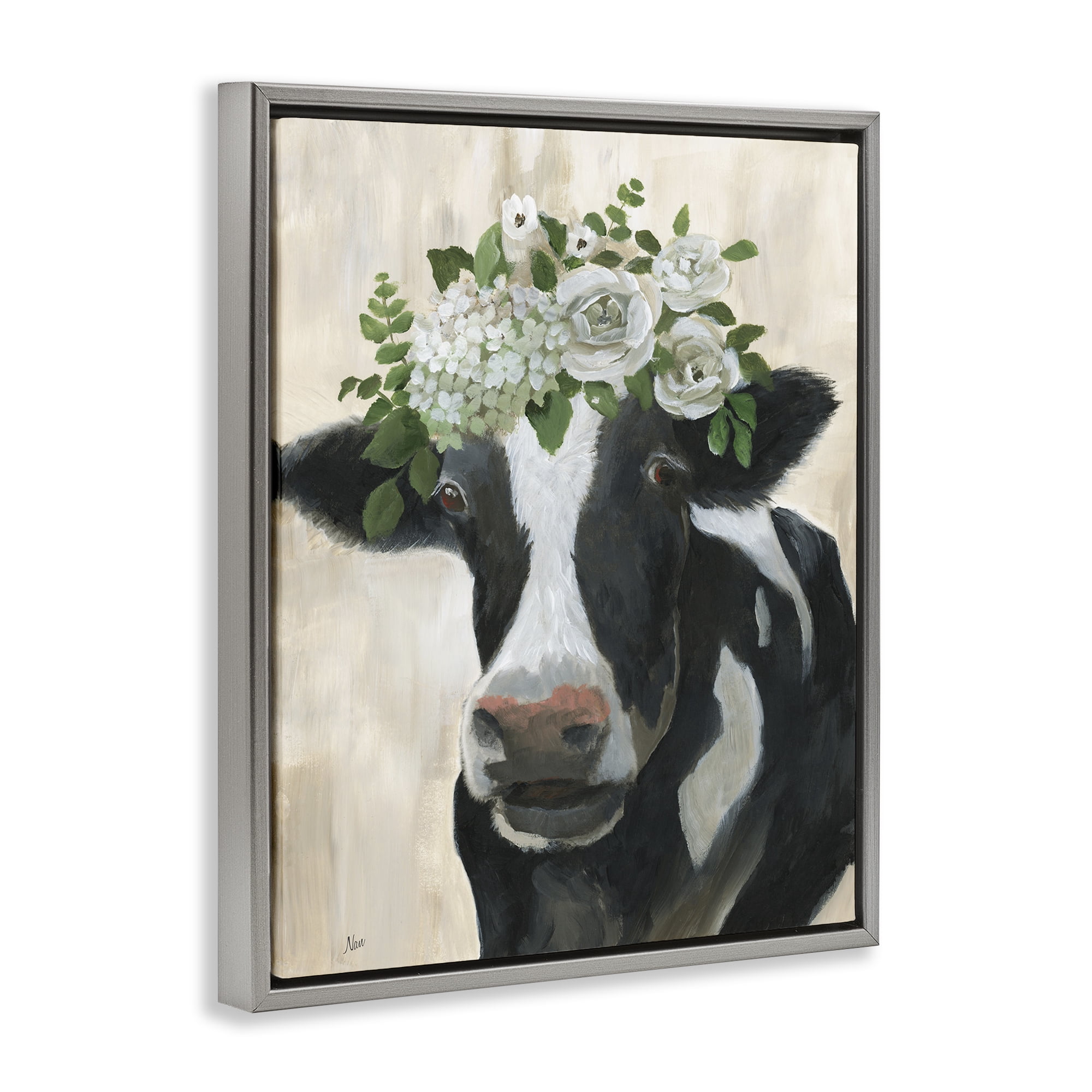 Stupell Industries Floral Crown Cow Animals & Insects Painting Gray Floater Framed Canvas Art Print Wall Art, 25 x 31