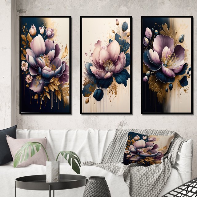 Designart "Deep Pink and Blue Crocus Blossom II" Floral & Botanical Framed Wall Art Set Of 3 - Pink Crocus Frame Canvas Set For Living Room Decor