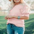 thumbnail image 4 of QJUHUNG Women Short Puff Sleeve Sweaters Loose Lightweight Pointelle Knit Pullover Tops, 4 of 5