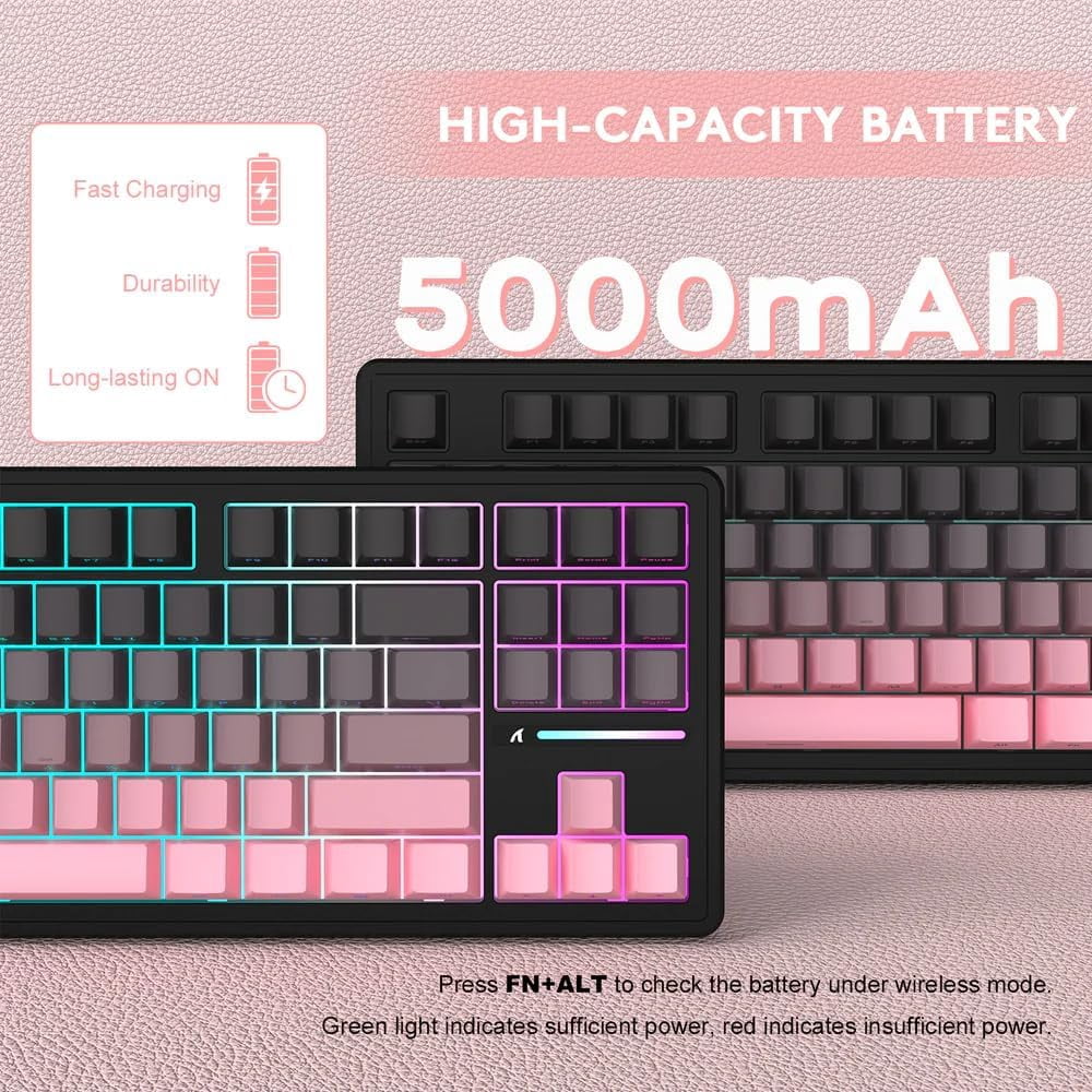 ATTACK SHARK M87PRO Wireless Mechanical Gaming Keyboard,Hot Swappable Gasket RGB Custom Keyboard,Linear Switch&Side Printed PBT Keycaps,BT5.0/2.4Ghz/Type-C,5000mAh Battery for Win Mac,Gradient Pink